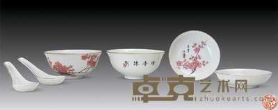 民国 粉彩梅花图碗、碟、匙（二套六件） 直径11.5；直径11cm；长13cm